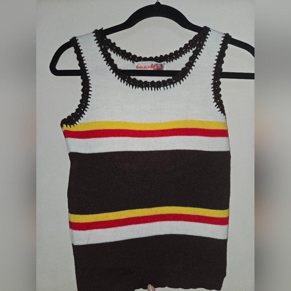 Vintage 70s Golden Bee Striped Knit Tank Top [Small] Crochet Retro Boho Disco